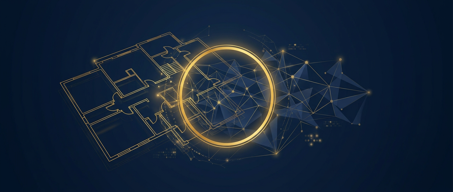 Abstract navy and gold graphic showing physical access control converging with a cyber network under one command