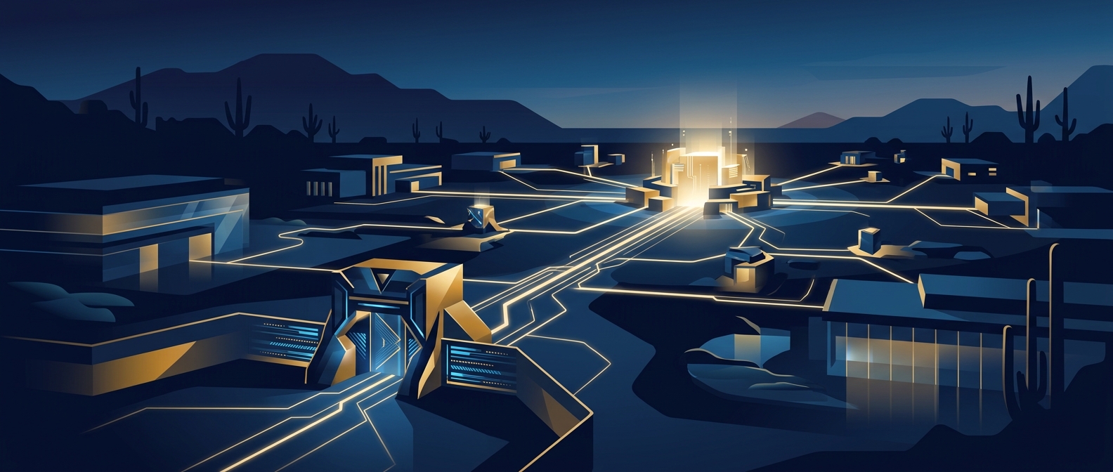 Abstract navy and gold illustration of a Scottsdale corporate campus linked to a central security command node