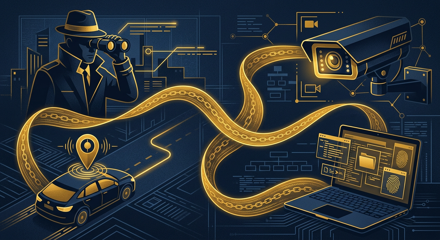 Corporate surveillance concept in navy and gold showing a discreet field investigator, company premises CCTV, and a company-owned vehicle GPS pin unified by a chain-of-custody evidence ribbon