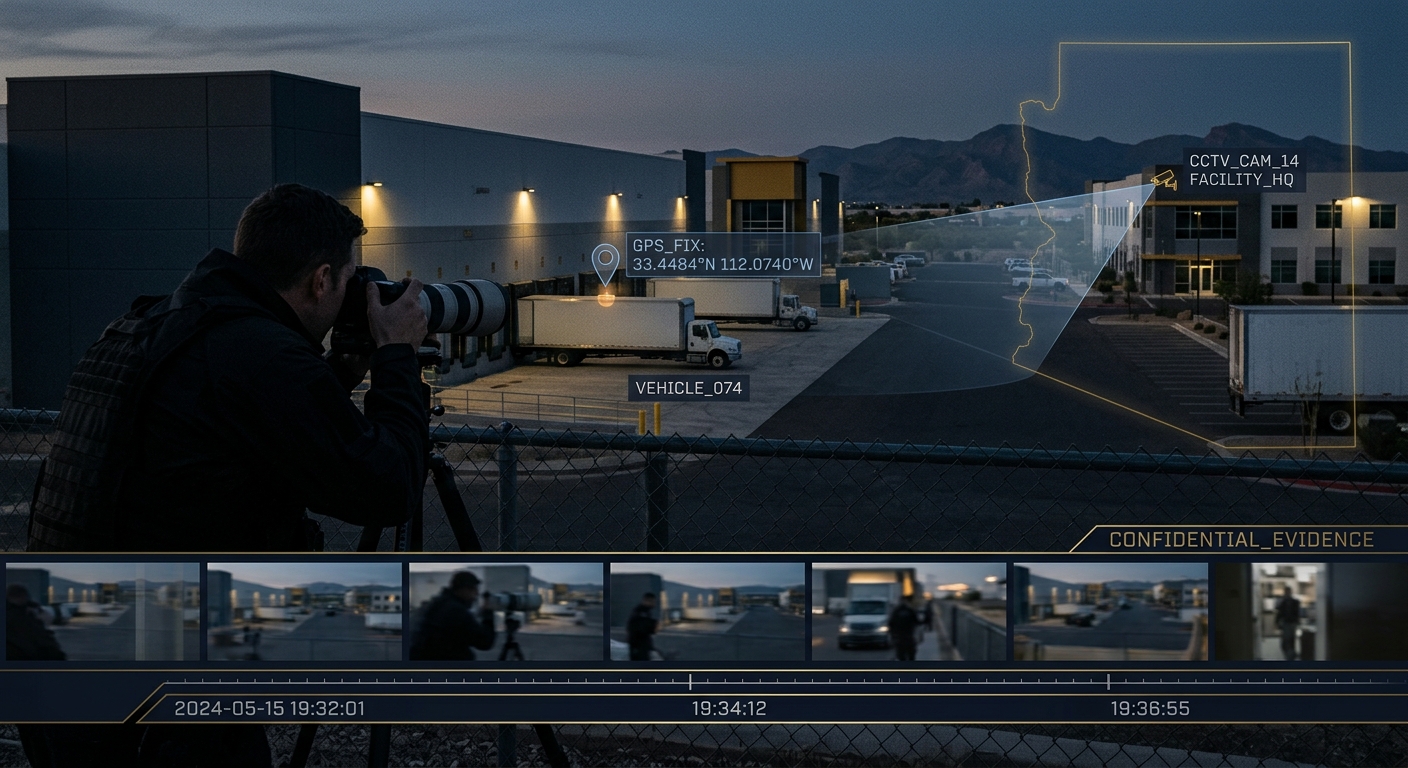 Corporate surveillance concept showing a discreet investigator observing a commercial campus from a public vantage in navy and gold