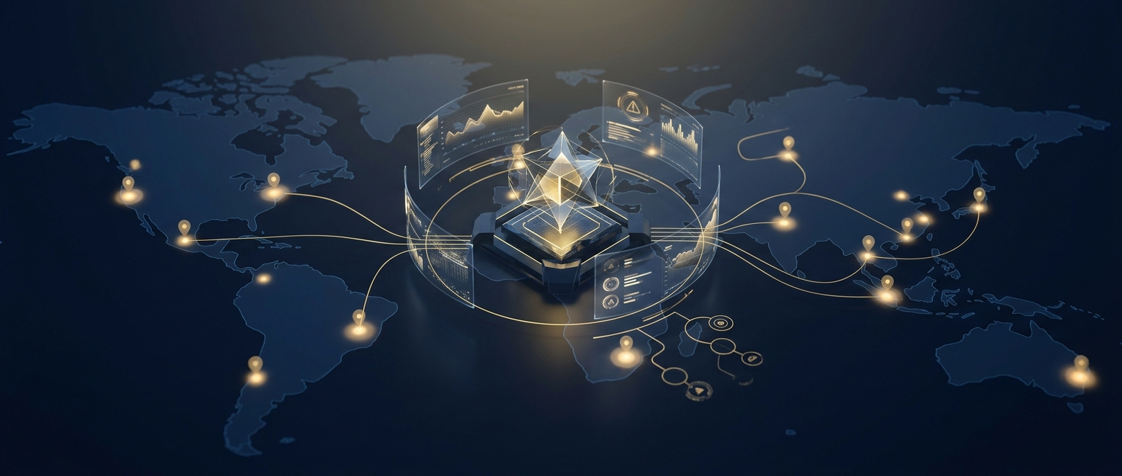Centralized travel operations command monitoring travelers and coordinating response and evacuation across regions in navy and gold
