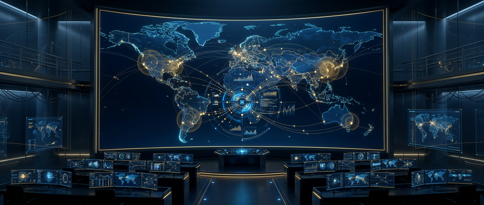Corporate travel risk management operations concept showing global traveler tracking and risk zones in navy and gold