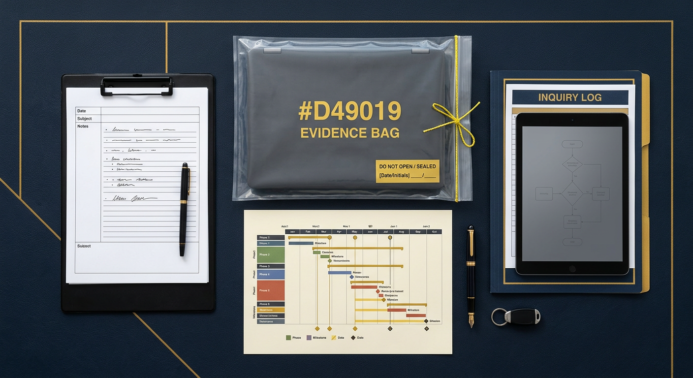 Workplace misconduct investigation desk with sealed evidence, interview notes, and a case timeline