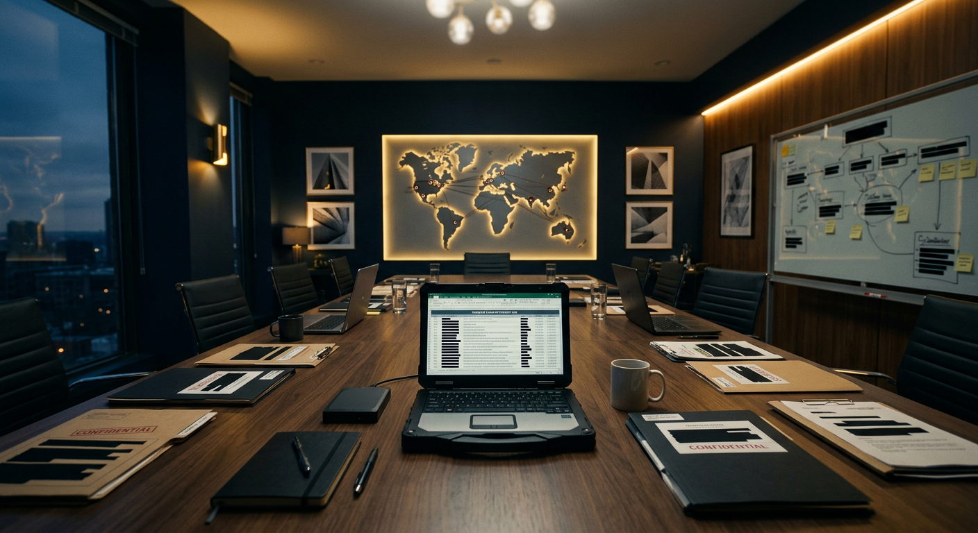 Corporate workplace investigation evidence review room with document folders and chain-of-custody log