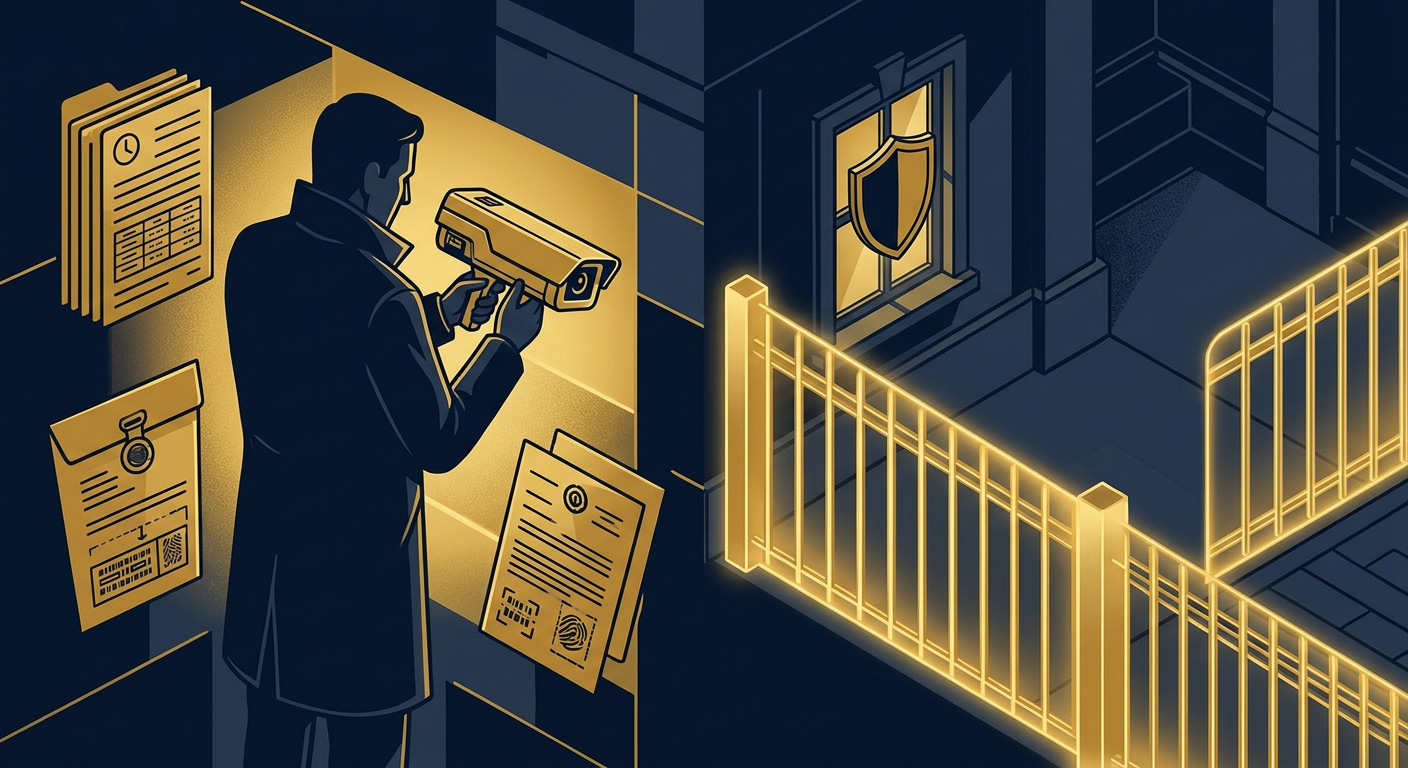 Concept image contrasting lawful public-vantage surveillance against a protected private zone marked off-limits in navy and gold