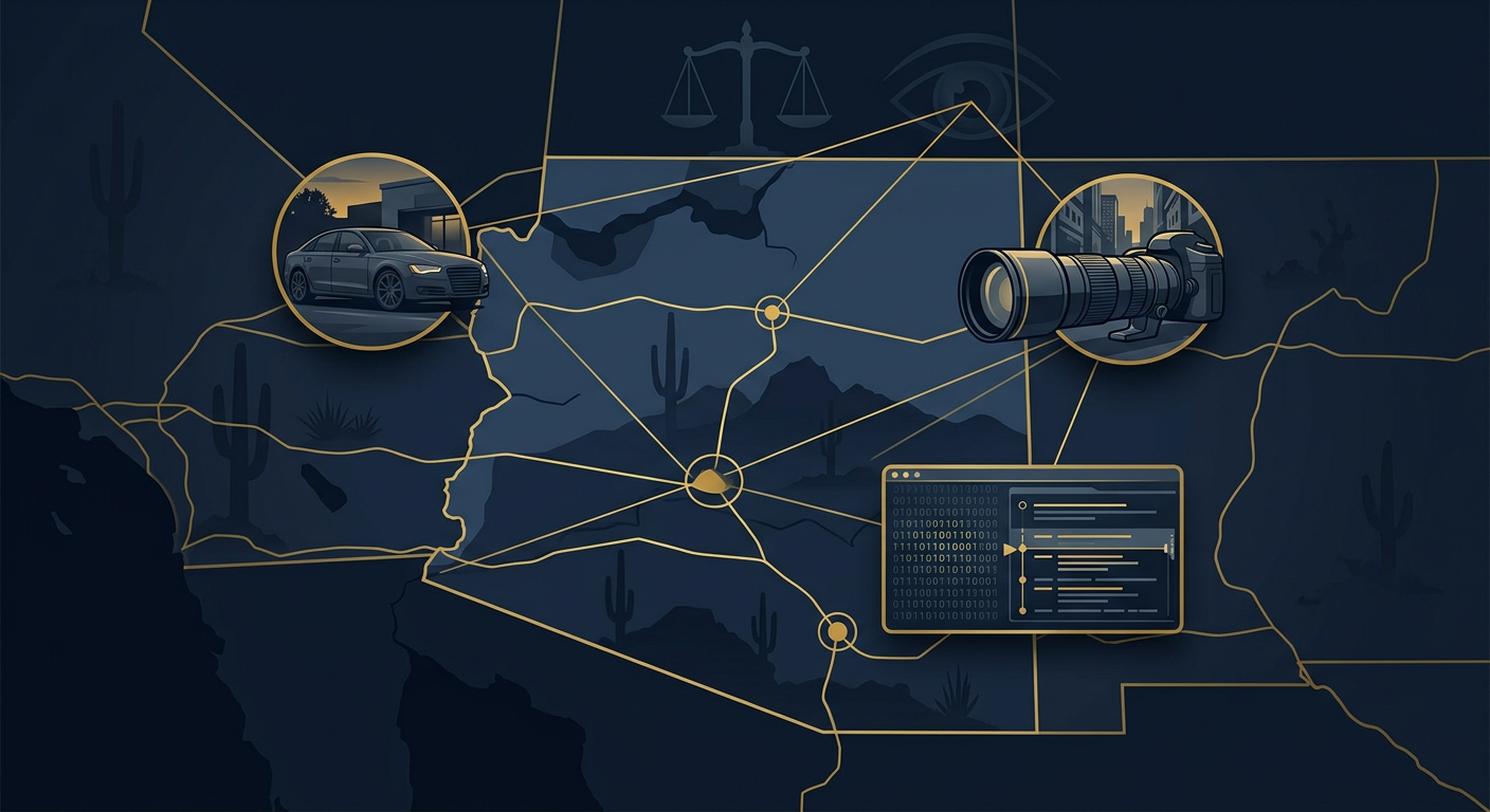 Statewide Arizona covert surveillance concept with discreet observation nodes and a legal-balance motif in navy and gold