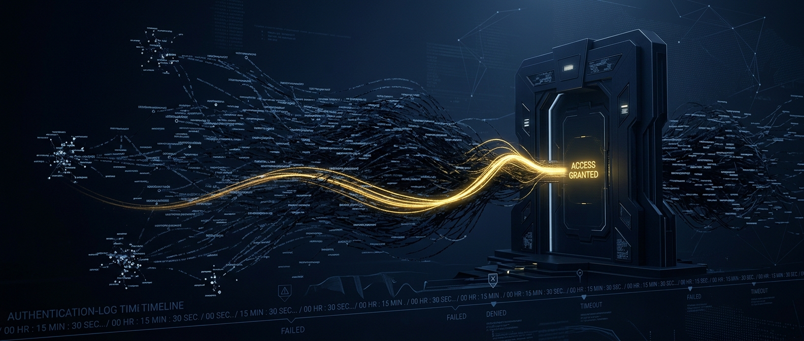 Credential stuffing attack concept showing reused password pairs from a botnet flooding a login gateway with one successful account takeover path in navy and gold