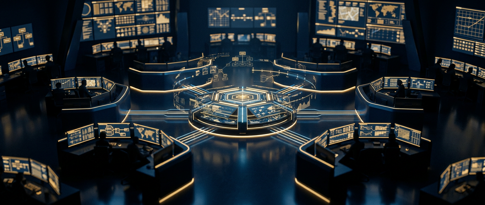 Corporate crisis management command center concept showing centralized incident command directing coordinated response cells in navy and gold