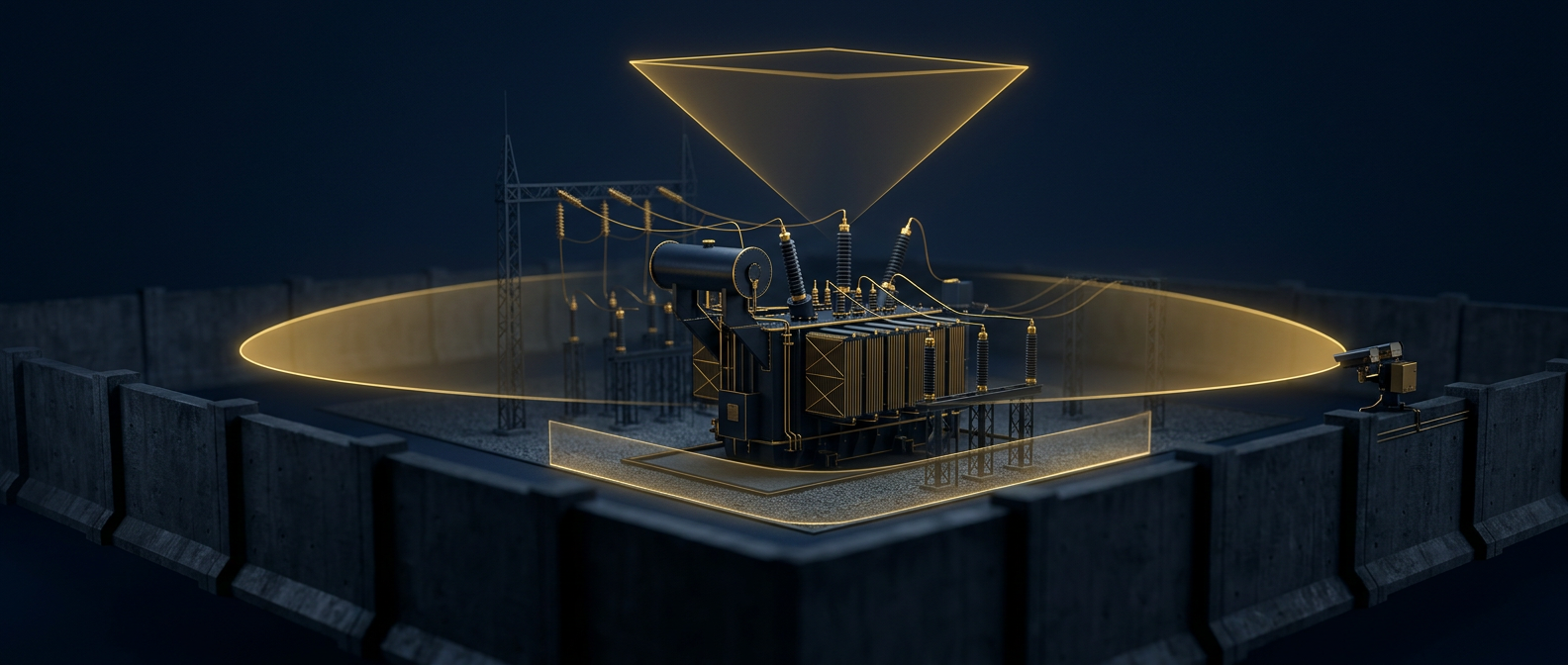 High-voltage substation transformer behind a hardened wall with camera coverage arc and counter-drone detection cone in navy and gold