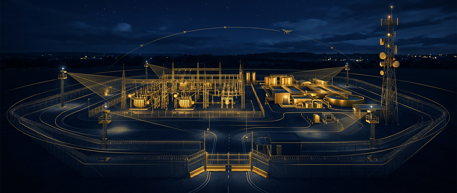 Nighttime concept of an electrical substation, water plant, and telecom tower ringed by layered perimeter security and sensor coverage in navy and gold