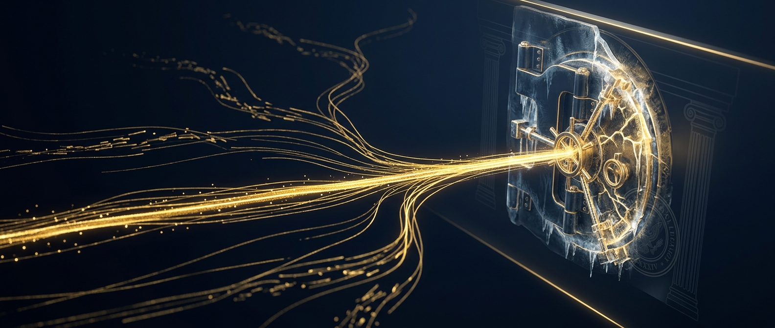 Cryptocurrency recovery concept showing a gold fund trail reaching an exchange vault gate closing as a freeze beside a legal seal in navy and gold