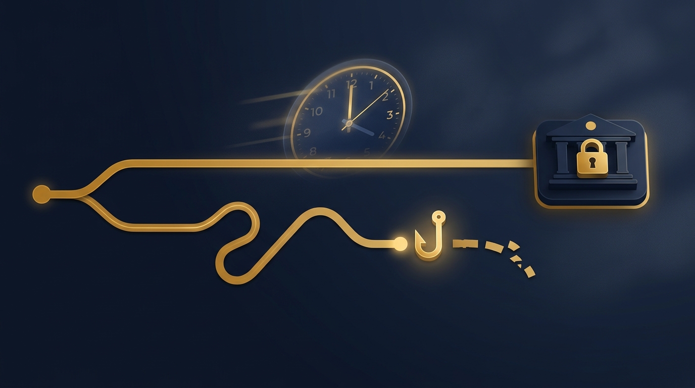 Concept contrasting a lawful crypto recovery path ending at a courthouse freeze against a fake recovery-service path that dead-ends, in navy and gold