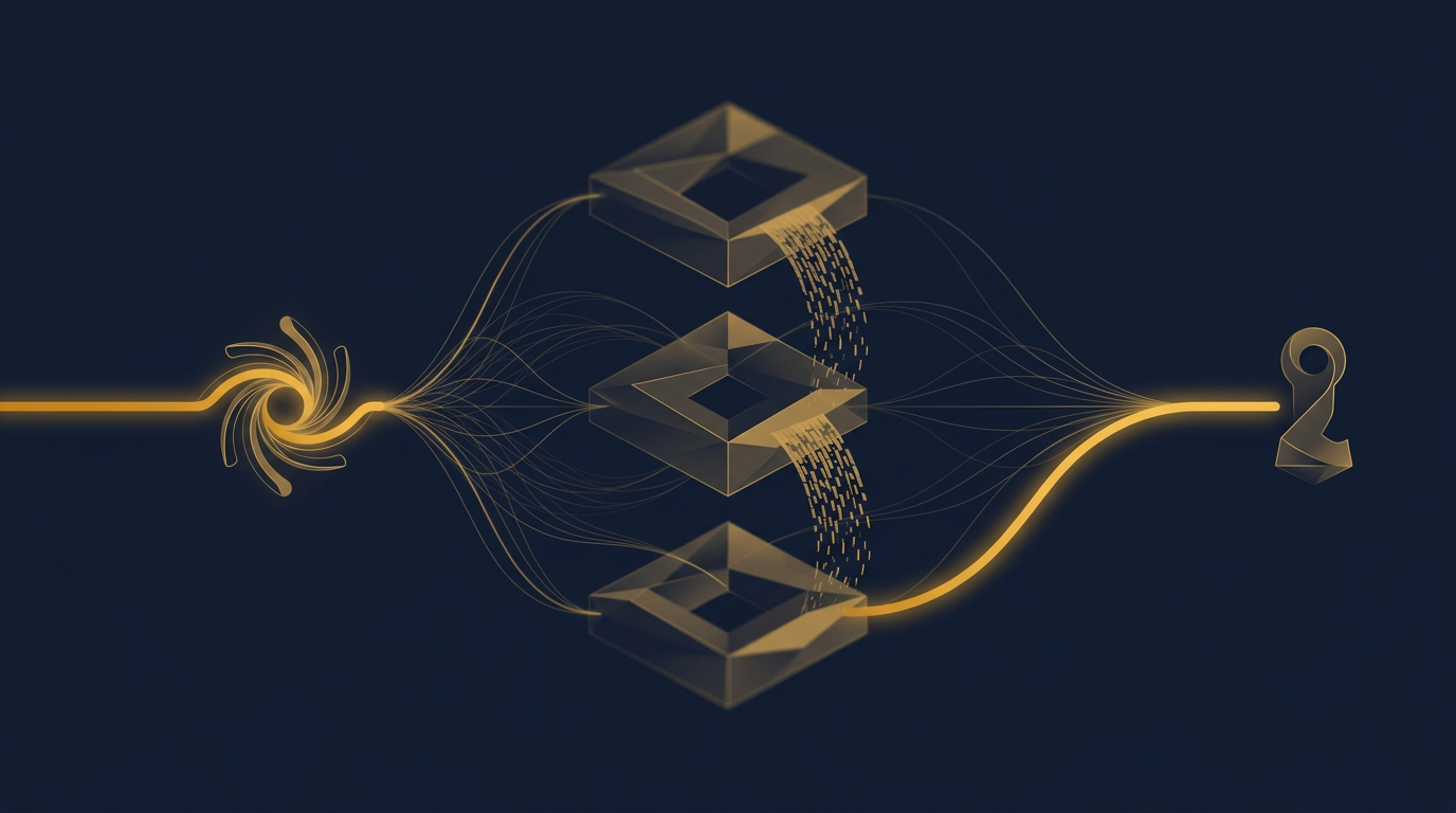 Concept of tracing funds through a crypto mixer and cross-chain bridges then re-converging into a preserved evidence trail in navy and gold