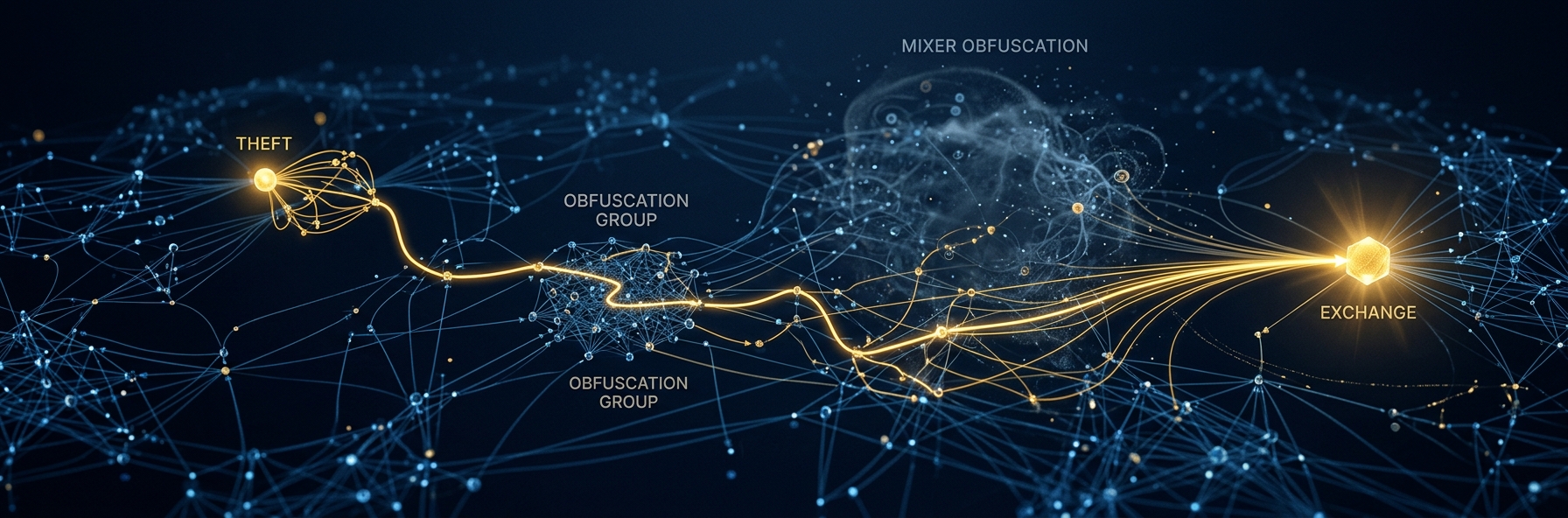 Cryptocurrency tracing concept showing a flow-of-funds graph with a gold trace path from a theft node through clustered wallets to an exchange endpoint in navy and gold