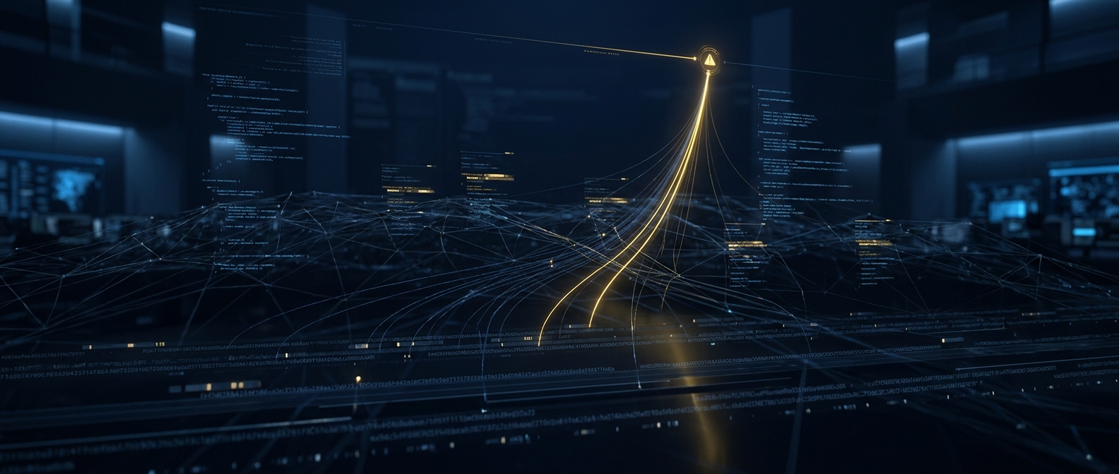 Dark web monitoring concept showing leaked credential records surfacing from an underground data lattice to a single alert node in navy and gold