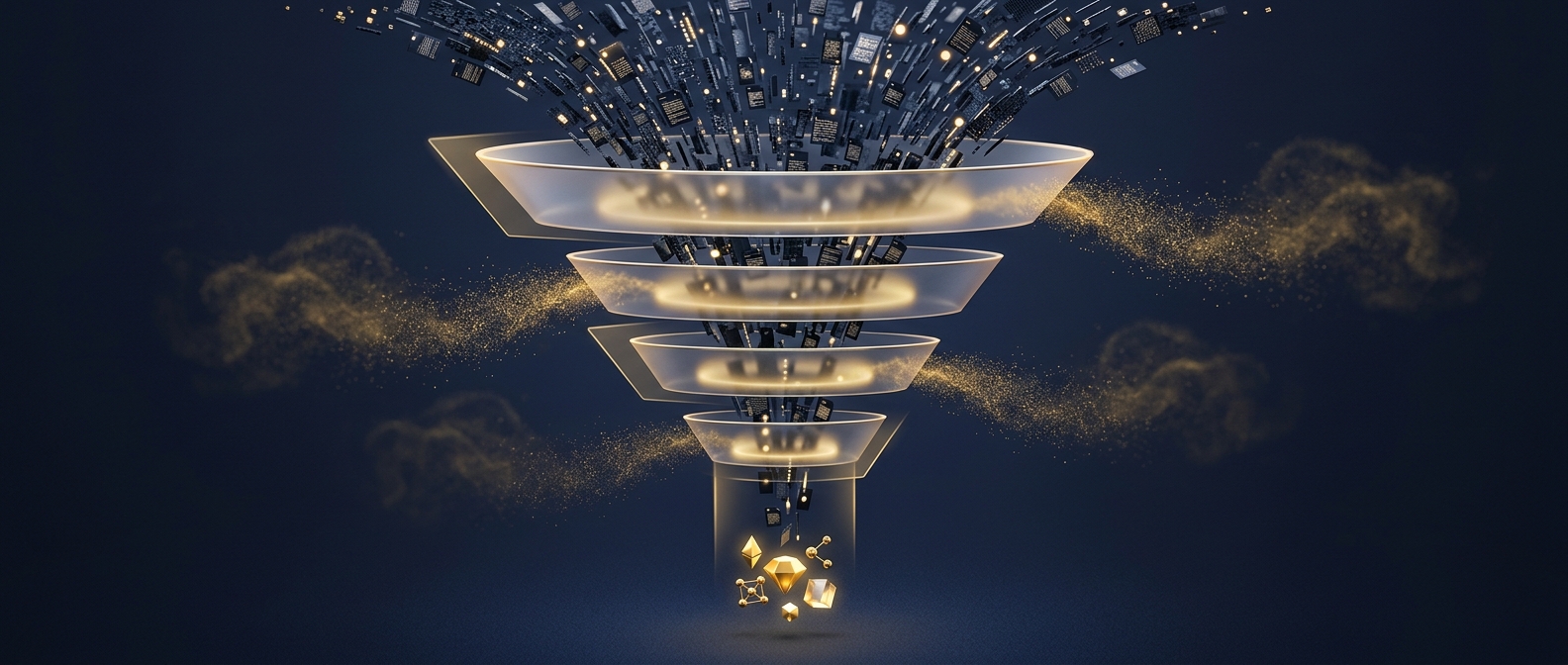 Credential exposure triage funnel concept narrowing raw leaked records into a small set of verified actionable alerts in navy and gold