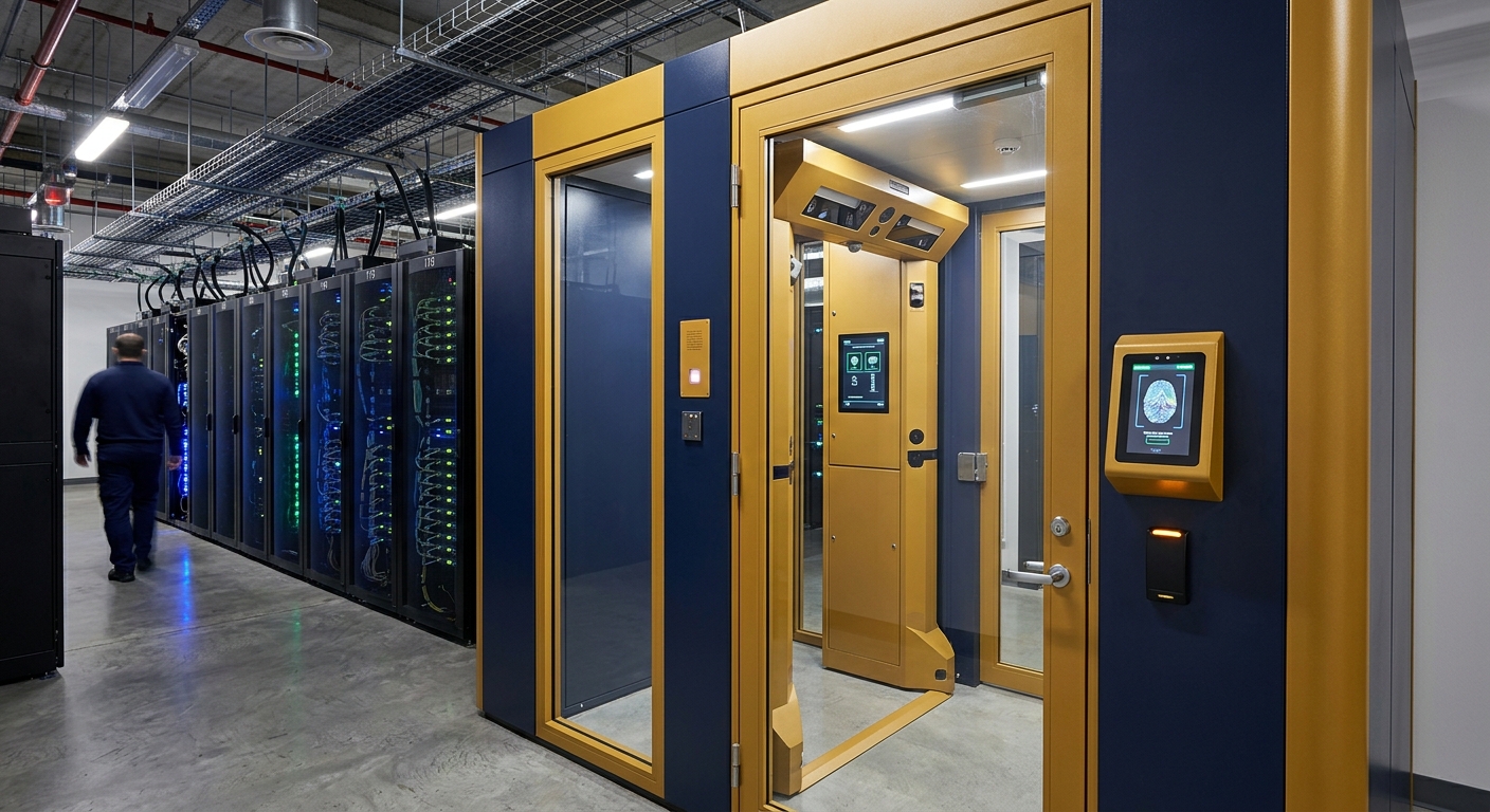 Access-control mantrap vestibule with biometric verification at a data center entry