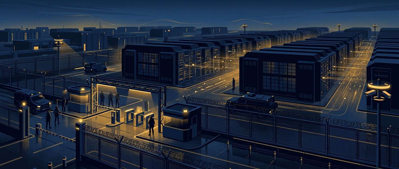 Layered physical security around an Arizona data center at dusk, rendered in navy and gold