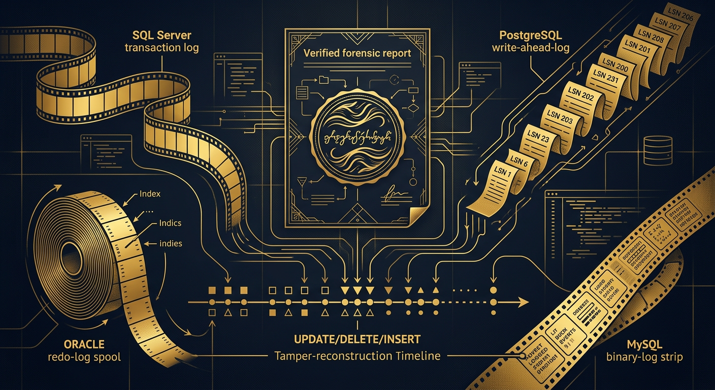 SQL Server, Oracle, PostgreSQL and MySQL logs converging on one verified database tamper-reconstruction timeline