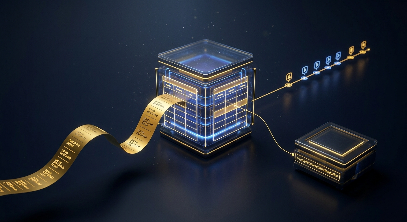 Database forensics operations concept showing relational tables linked to a transaction-log ledger and a verified evidence vault in navy and gold