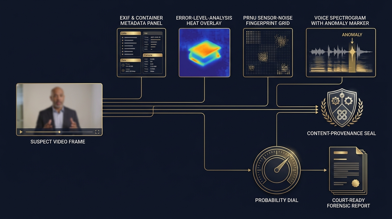 Suspect media frame linked to metadata, error-level analysis, PRNU sensor noise and voice spectral analysis converging on a probabilistic authentication opinion