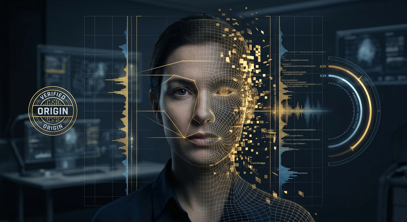 Deepfake forensics concept showing a wireframe face dissolving into pixel and audio-waveform fragments beside authentication scan lines in navy and gold