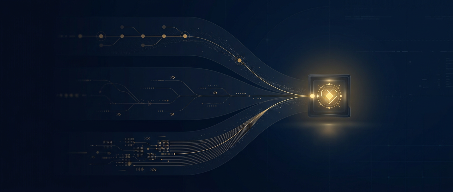 Windows endpoint forensic artifacts concept showing USB connection history, file-access trails, and a mass-copy spike converging on a preserved forensic image in navy and gold