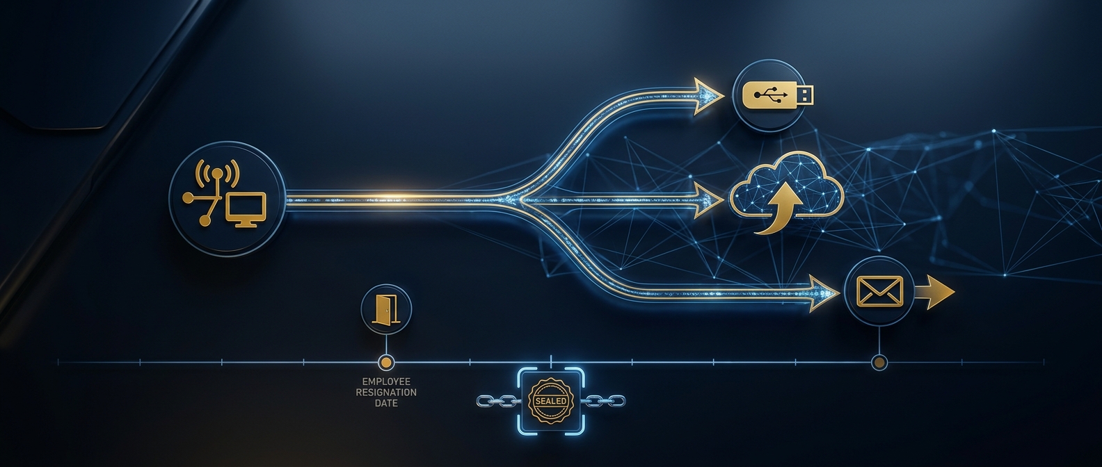 Departing employee data theft investigation concept showing exfiltration branching into USB, cloud sync, and email forwarding over a forensic timeline in navy and gold