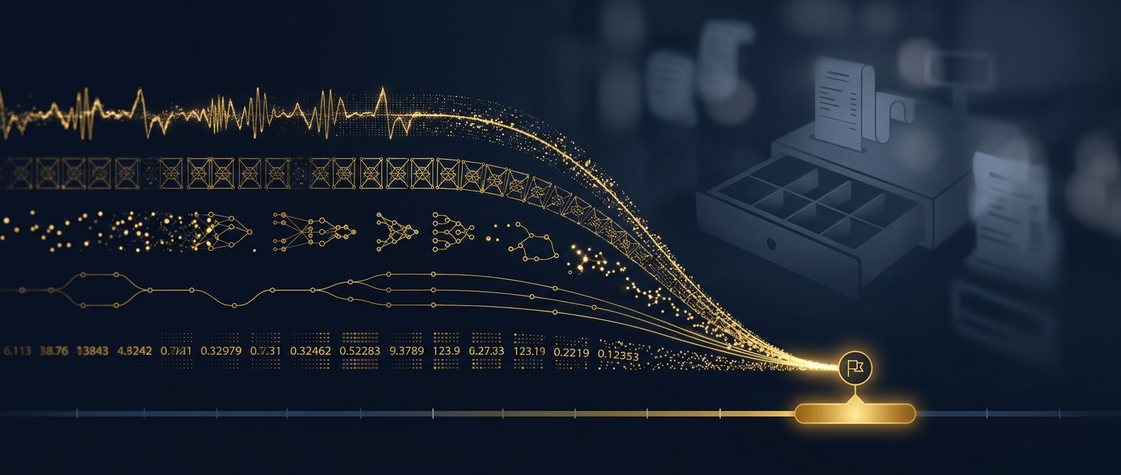 Five retail employee-theft signatures converging on a single flagged cashier shift on a timeline in navy and gold