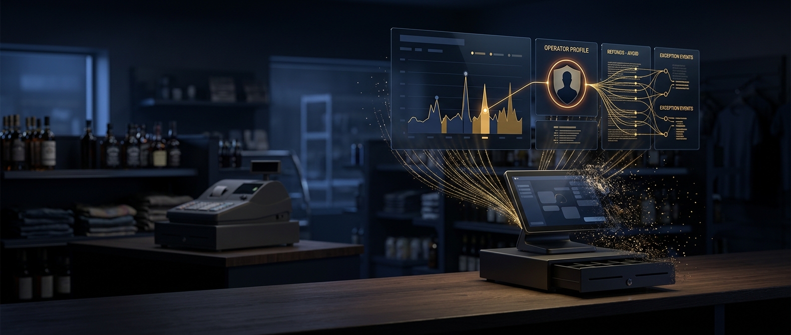 Retail point-of-sale terminal linked to an exception-reporting dashboard highlighting one operator's refund and void activity in navy and gold