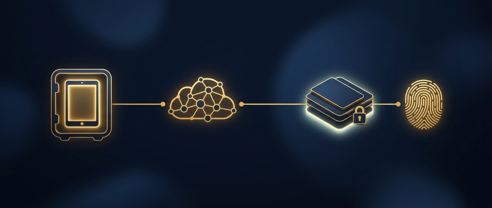 Remote forensic lab concept showing mobile and cloud evidence acquired through write-blocked imaging with matching hash verification in navy and gold