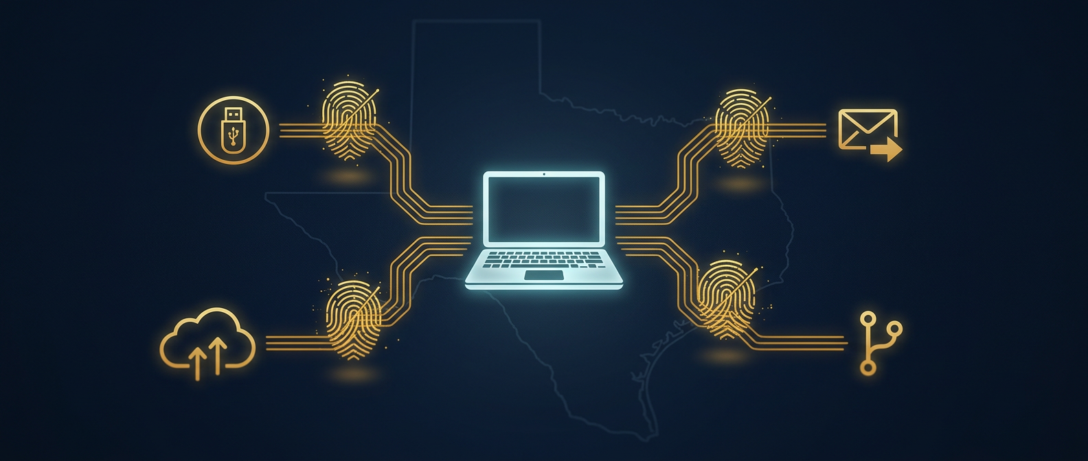 Departing-employee exfiltration pathways from a corporate laptop to USB, personal cloud, email and code repository intercepted by gold forensic markers over a Texas map outline in navy and gold
