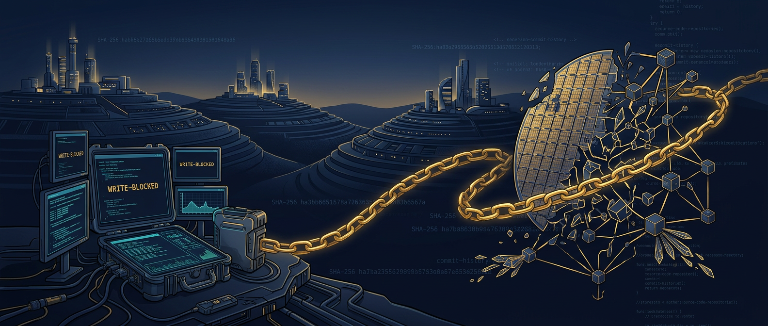 Austin Silicon Hills skyline and semiconductor wafer dissolving into source-code repositories linked by a gold chain of custody toward a Texas courthouse column in navy and gold