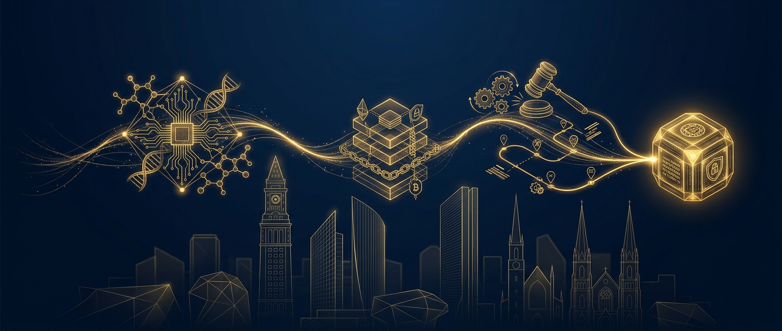 Boston digital forensics concept showing a forensic evidence chain linking biotech trade-secret data, academic research integrity, and corporate litigation converging on a sealed hash-verified marker in navy and gold
