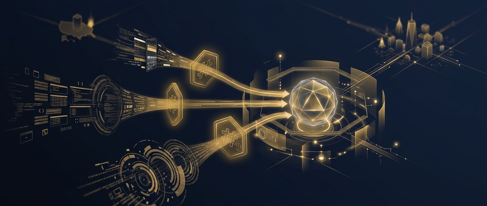 Remote in-house forensic lab concept receiving mobile, cloud, and workstation evidence streams through a write-blocked hashing gate into a sealed chain-of-custody vault serving Boston in navy and gold