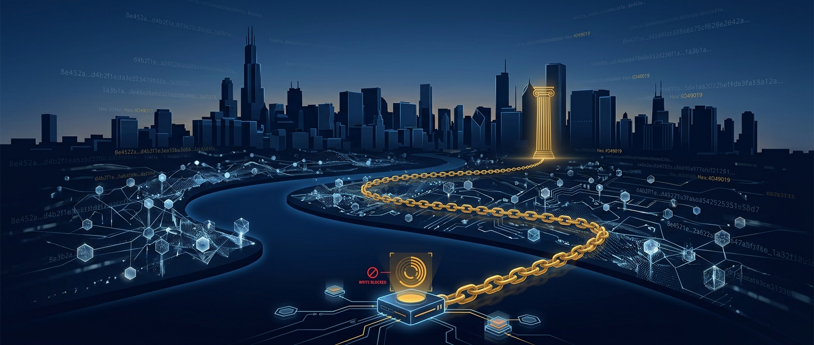 Chicago skyline dissolving into digital evidence nodes linked by a gold chain of custody toward a federal courthouse column in navy and gold