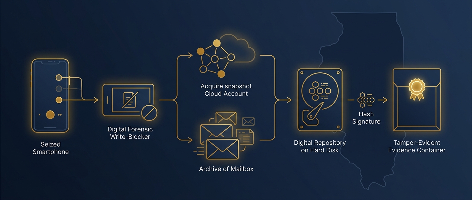 Mobile, cloud, and email forensic workflow from seized phone through write-blocker to verified hashed image and sealed evidence container over an Illinois map outline in navy and gold