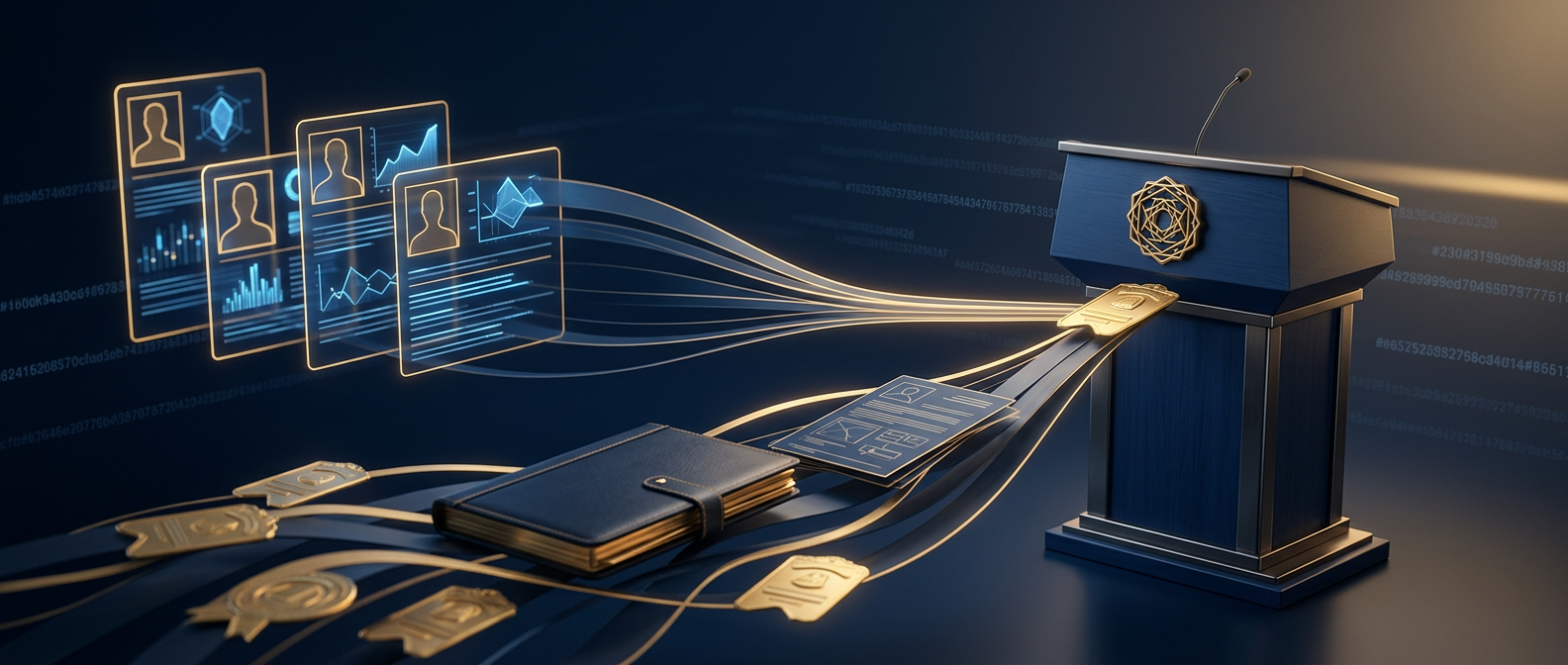 Concept of counsel selecting a vetted digital forensics expert witness from a shortlist, with gold credential badges converging on a courtroom podium in navy and gold