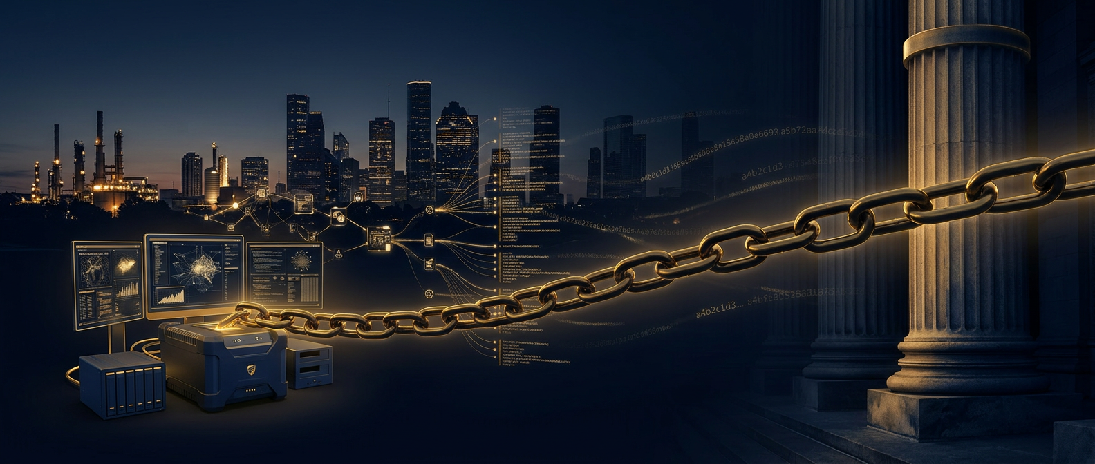 Houston energy skyline and ship channel dissolving into digital evidence nodes linked by a gold chain of custody toward a Texas courthouse column in navy and gold