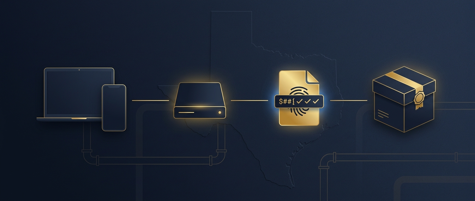 Forensic acquisition workflow from seized devices through write-blocker to verified hashed image and sealed evidence container over a Texas map outline in navy and gold