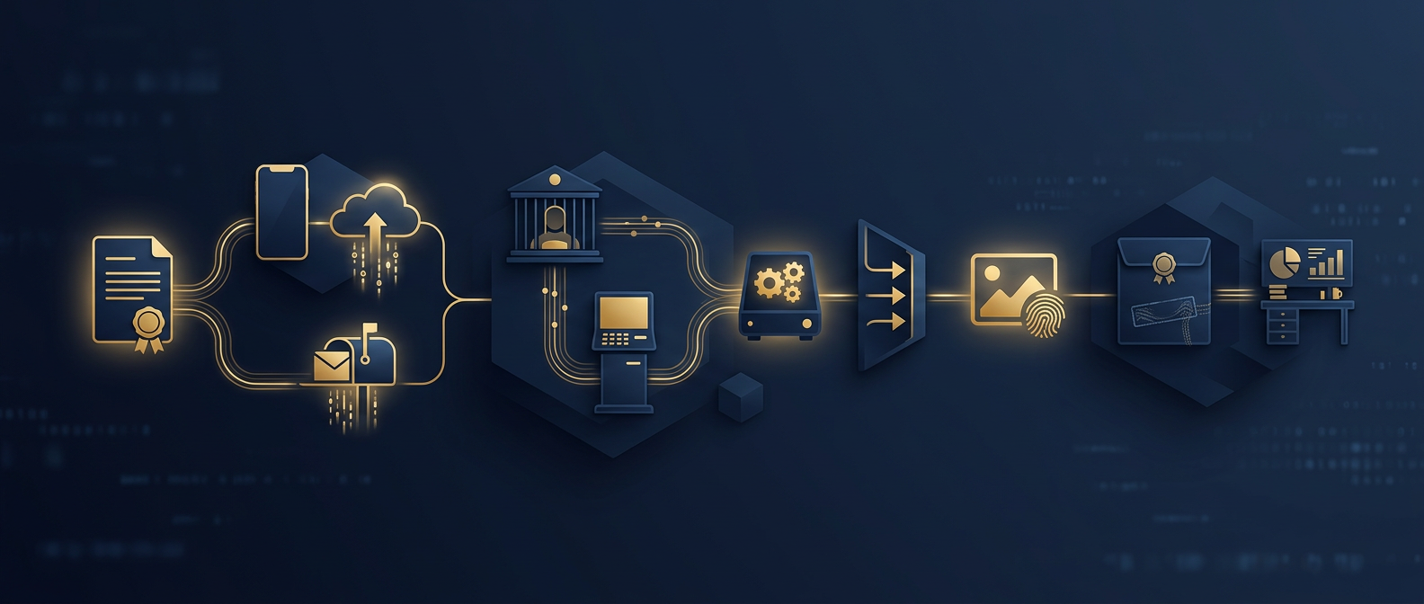 Fraud-evidence workflow from legal hold through mobile, cloud, and casino-system collection, write-blocked imaging, hash verification, and sealed evidence to expert report in navy and gold