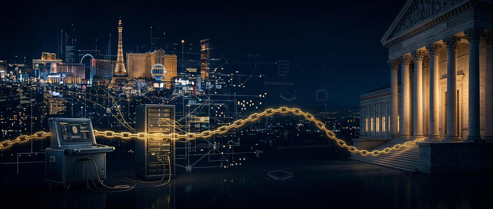 Las Vegas Strip skyline dissolving into digital evidence nodes linked by a gold chain of custody running from forensic workstations and a casino server rack to a Nevada courthouse in navy and gold