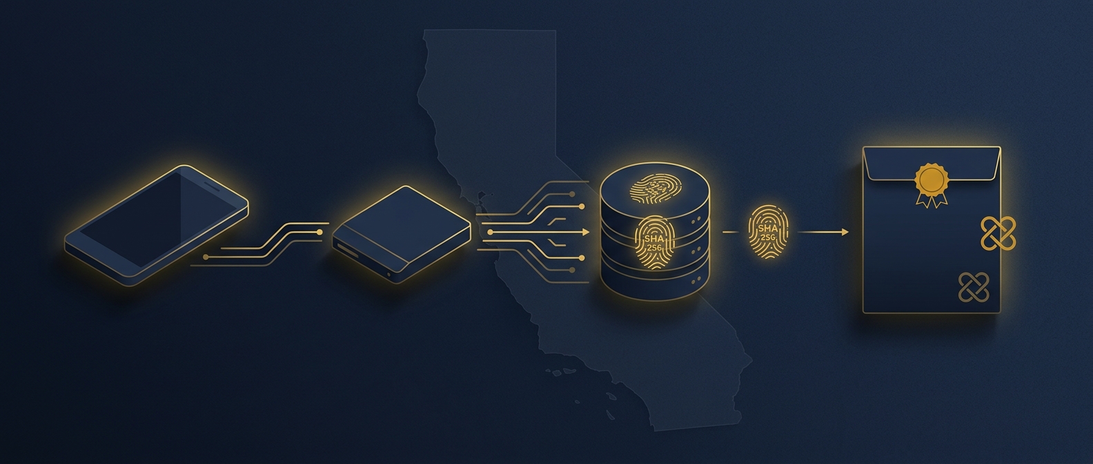Forensic acquisition workflow from seized device through write-blocker to verified hashed image and sealed evidence container over a California map outline in navy and gold