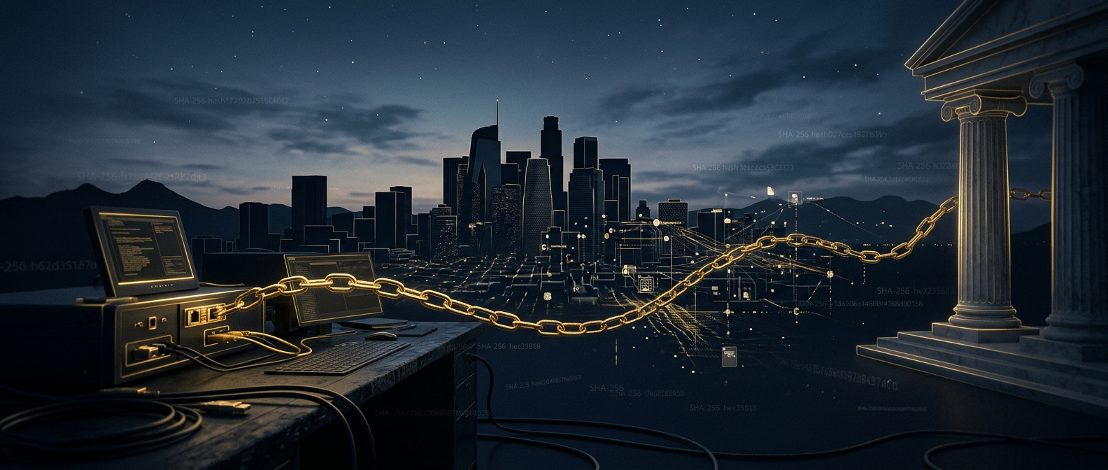 Los Angeles skyline dissolving into digital evidence nodes linked by a gold chain of custody toward a California courthouse column in navy and gold