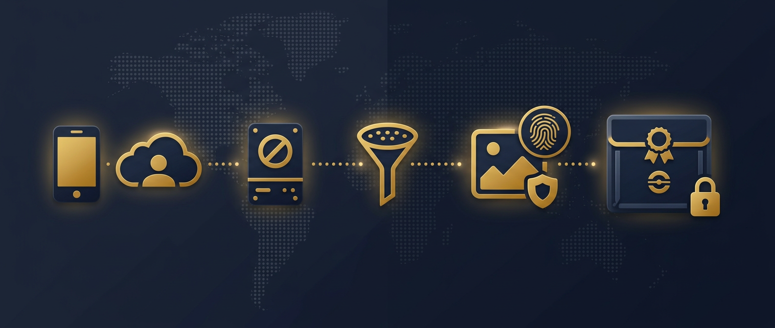 Cross-border forensic workflow from mobile and cloud sources through a legal-process gate and write-blocker to a verified hashed image and sealed evidence container over an outline of the Americas in navy and gold