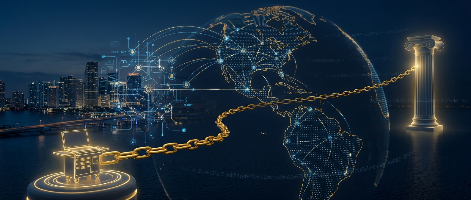 Miami skyline and causeway dissolving into cross-border digital evidence nodes linked by a gold chain of custody arcing across the Americas toward a Florida courthouse column in navy and gold
