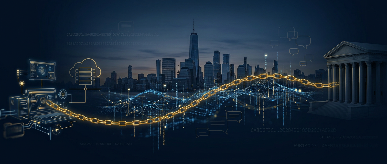 Manhattan financial-district skyline dissolving into digital evidence nodes linked by a gold chain of custody running from forensic workstations to a New York courthouse in navy and gold