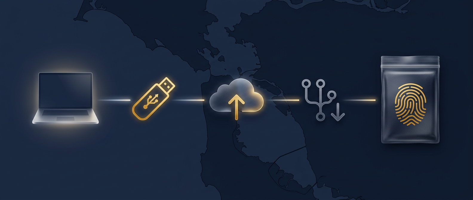 Departing-engineer exfiltration timeline from company laptop through USB and cloud upload to repository clone and sealed hashed evidence container over a San Francisco Bay outline in navy and gold