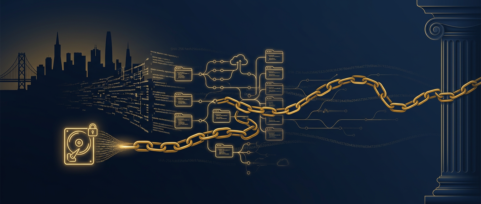 San Francisco skyline and Bay Bridge dissolving into source-code repositories and cloud-sync nodes linked by a gold chain of custody toward a courthouse column in navy and gold