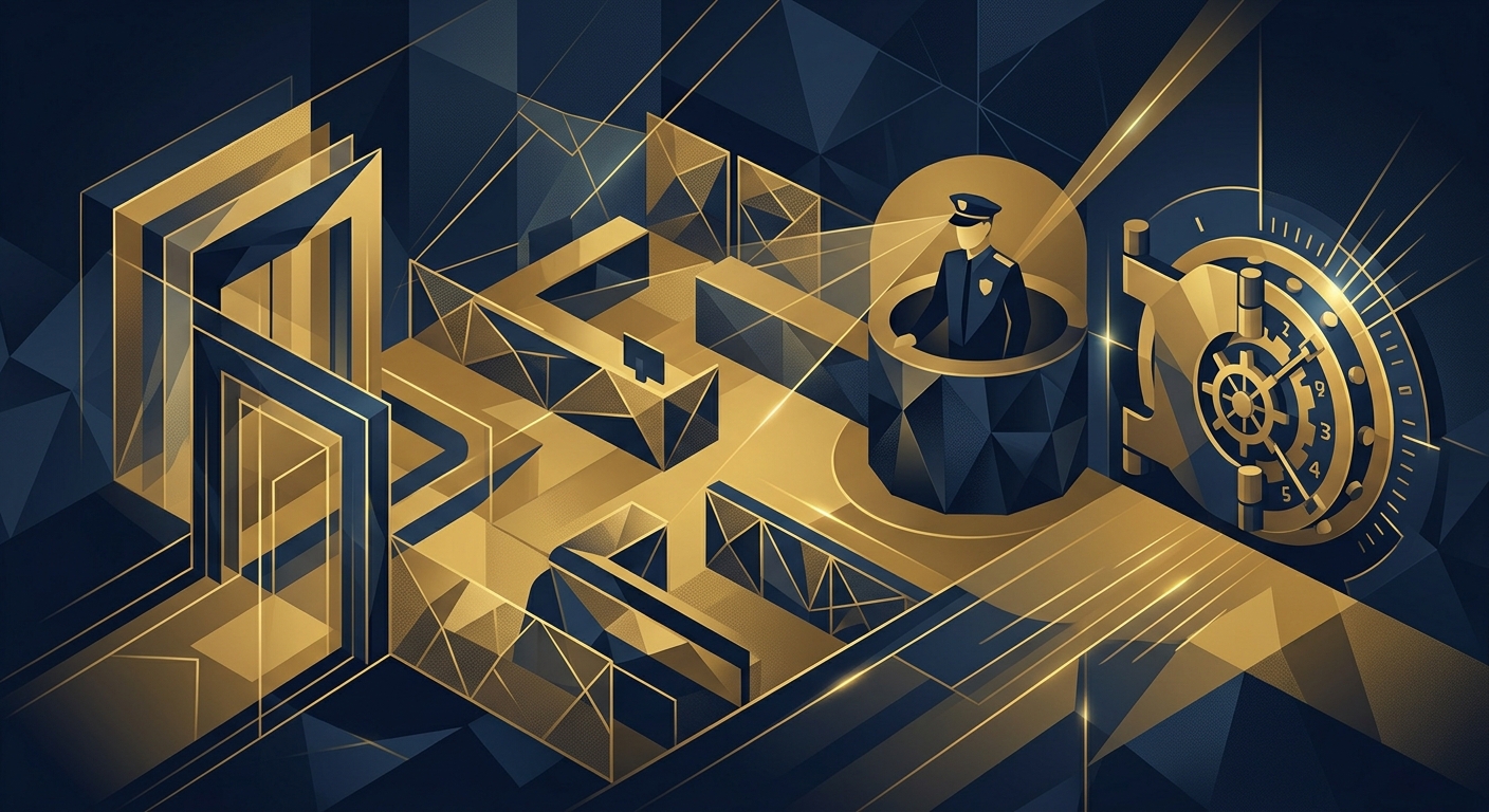 Conceptual illustration of a secured Arizona dispensary retail floor, entry vestibule, and vault with an officer post